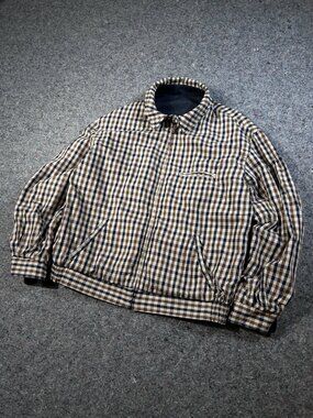 Aquascutum Reversible Harrington Jacket Mens L Navy Tattersall Plaid Zip Up